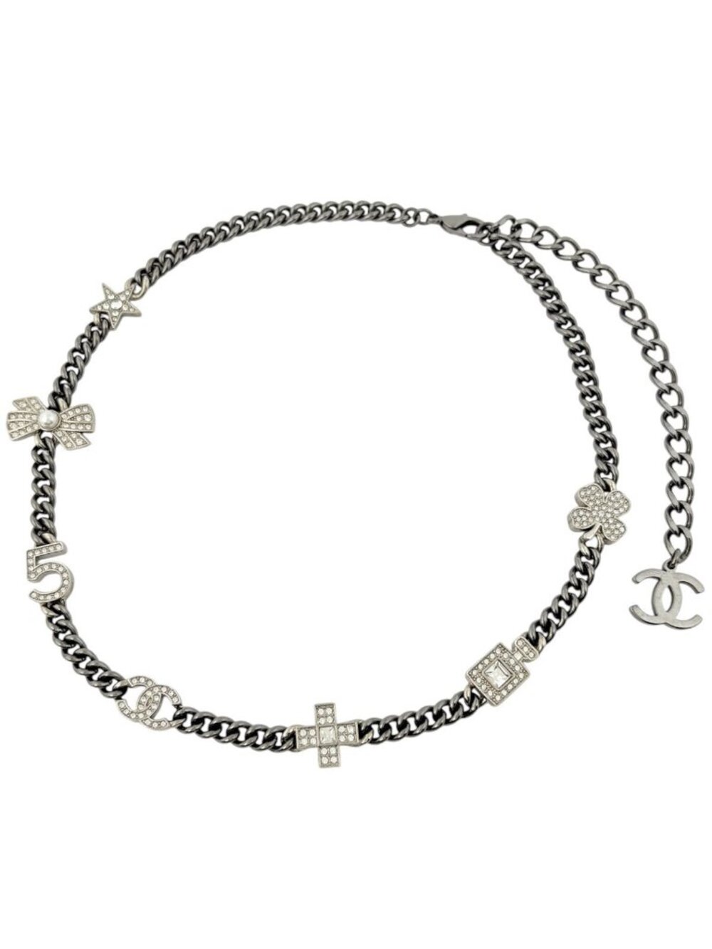 Chanel Necklace CC Logo Silver Plated Rhinestone